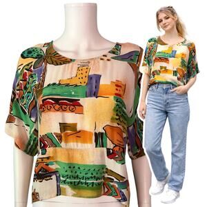 Vtg IXORA Abstract Print Blouse Size Medium Short Sleeve 80s Gallery Rayon Artsy